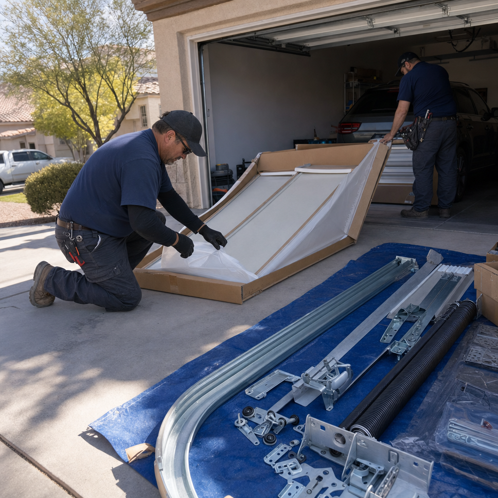 Garage door installation by professionals with new door and parts