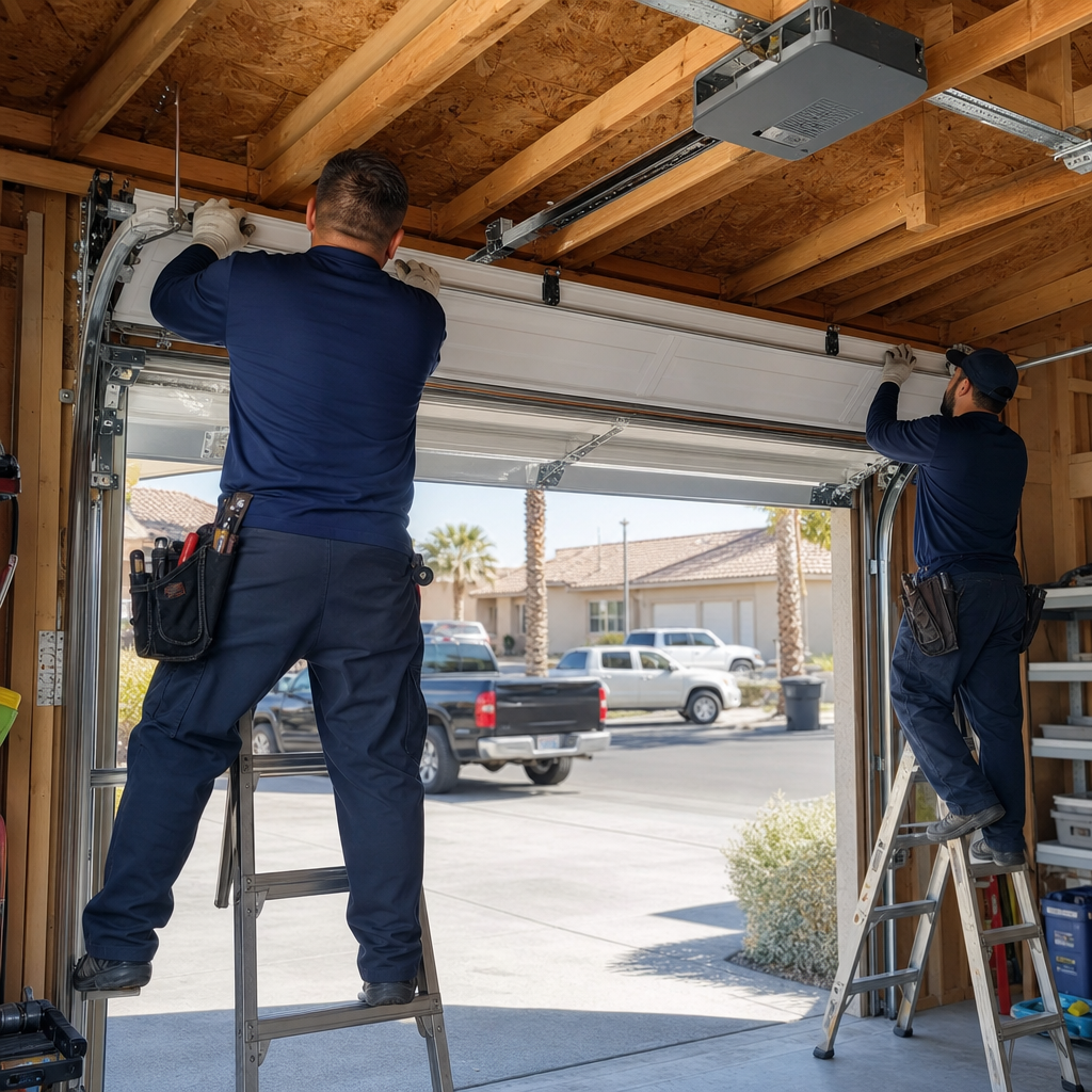 Technicians installing a white garage door with opener system.