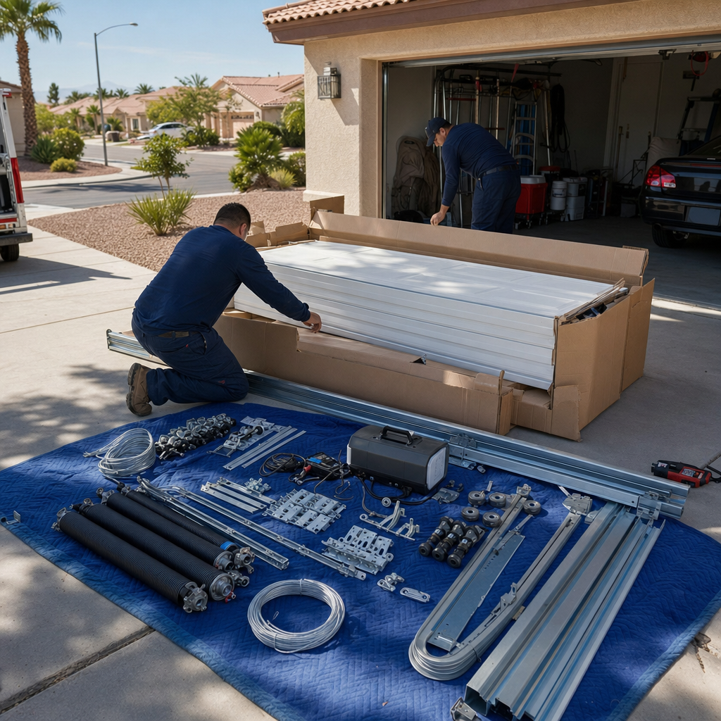 Garage door installer working with new door panels and hardware