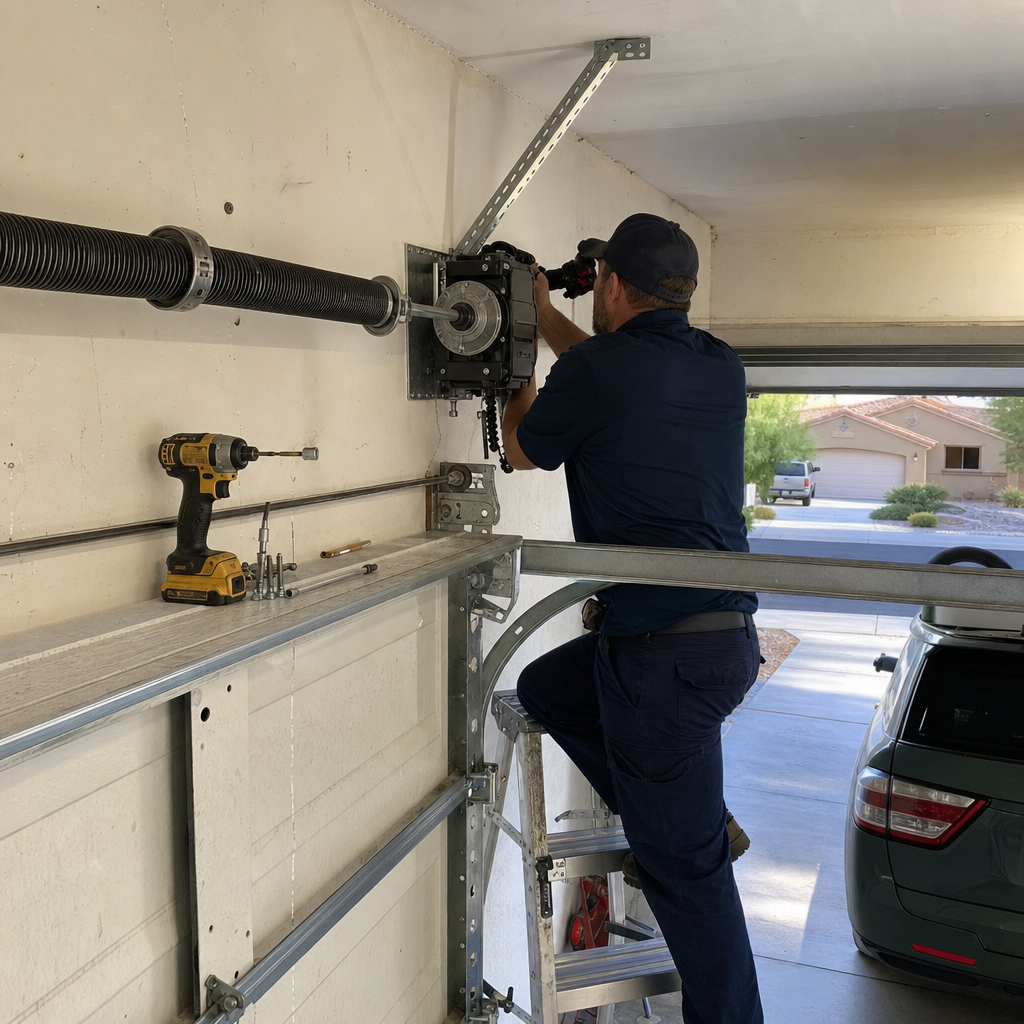Garage door technician installs or repairs garage door opener