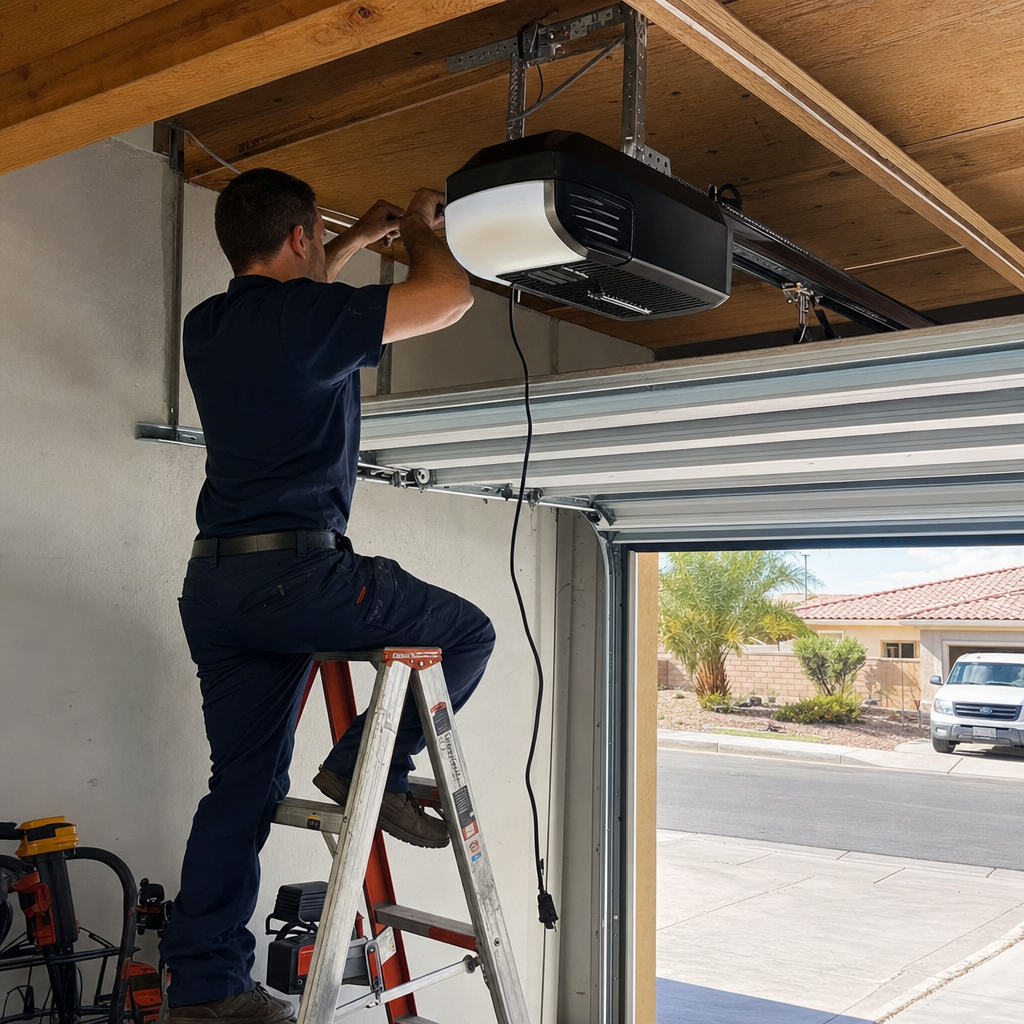 Technician installing a garage door opener