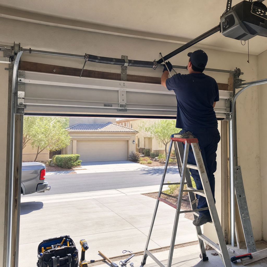 Technician repairing garage door spring on ladder