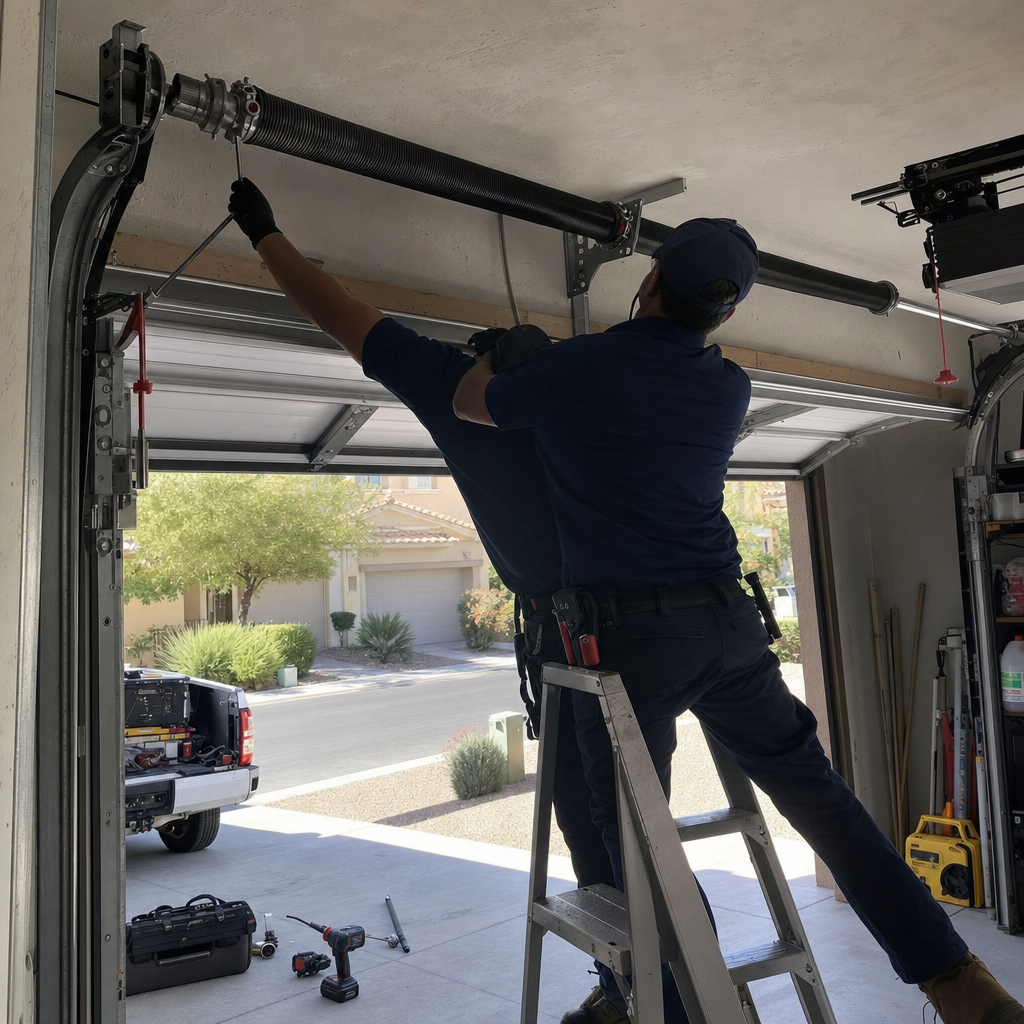 Garage door repair technician fixing spring on overhead door