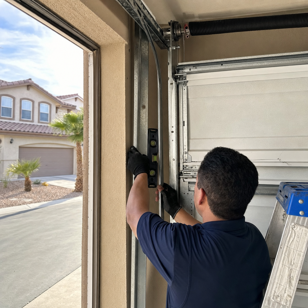 Garage door repair technician leveling vertical track