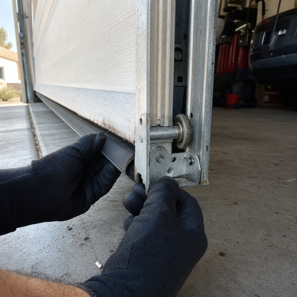 Garage door bottom seal replacement by gloved hands. in Las Vegas, NV