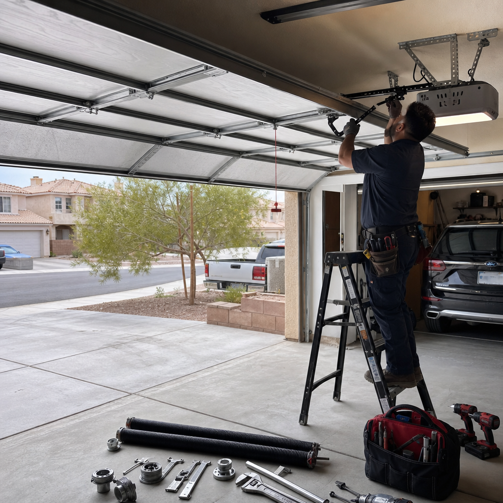 Garage door technician installing parts on opener with tools on floor in Las Vegas, NV